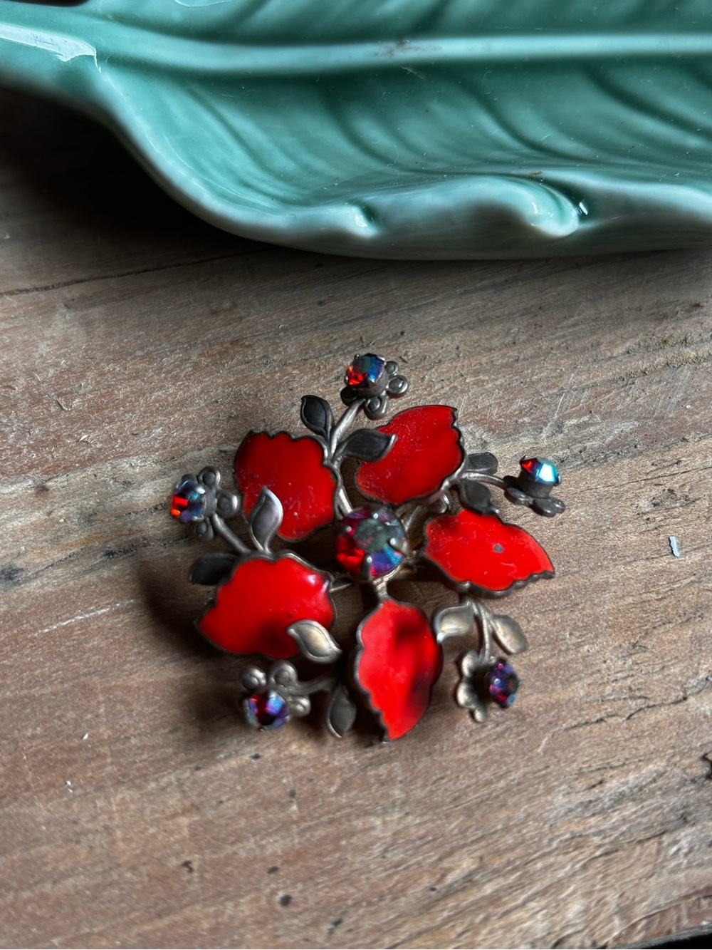 Vintage Red Floral Enamel Brooch with Aurora-Effect Rhinestones